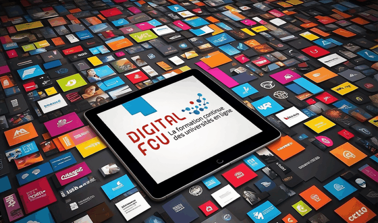 Une tablette affichant le logo Digital FCU est posé sur une surface noire recouverte d'une mosaïques de cartes colorées symbolisant la diversité de l'offre de formation