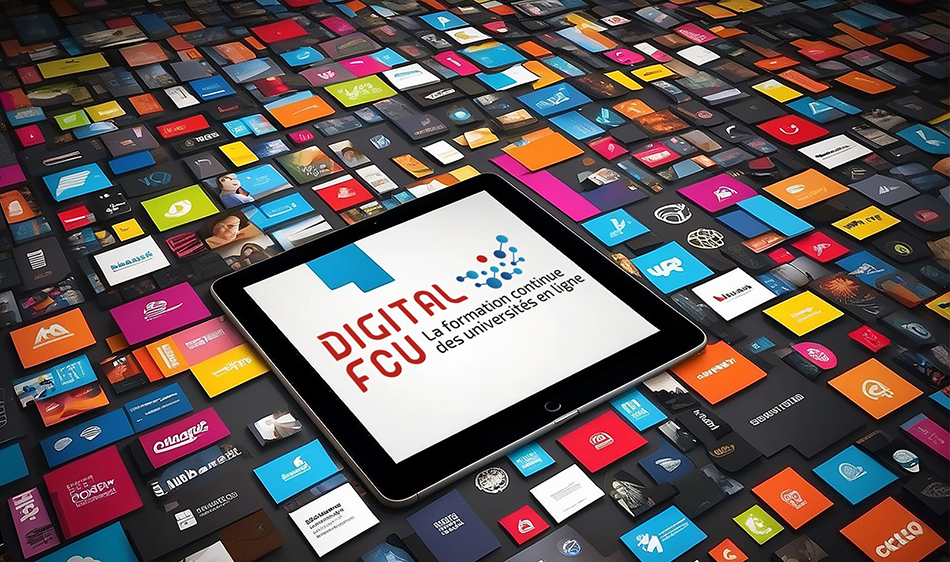 Une tablette affichant le logo Digital FCU est posé sur une surface noire recouverte d'une mosaïques de cartes colorées symbolisant la diversité de l'offre de formation